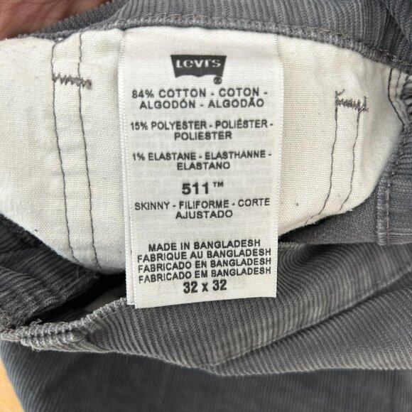 Levis 511 Jeans Mens 32x32 Dark Gray Corduroy Skinny Stretch 5-Pocket Mid Rise - Picture 7 of 10